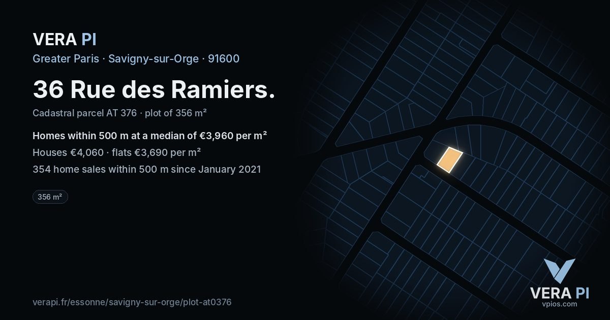 36 Rue des Ramiers, Savigny-sur-Orge at night – the plot lit, the parcels around coloured by the prices near them