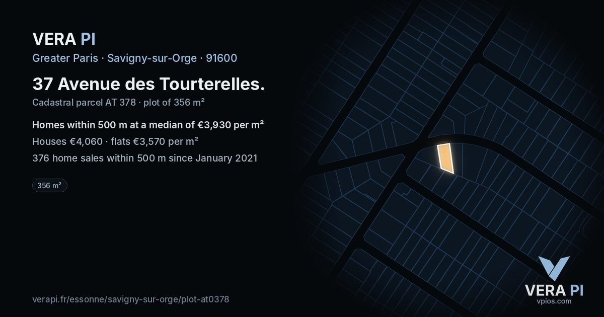 37 Avenue des Tourterelles, Savigny-sur-Orge at night – the plot lit, the parcels around coloured by the prices near them