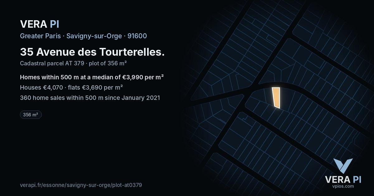 35 Avenue des Tourterelles, Savigny-sur-Orge at night – the plot lit, the parcels around coloured by the prices near them
