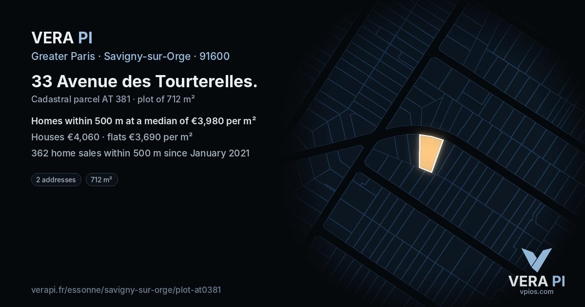 33 Avenue des Tourterelles, Savigny-sur-Orge at night – the plot lit, the parcels around coloured by the prices near them