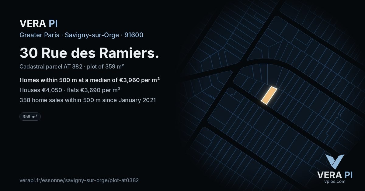 30 Rue des Ramiers, Savigny-sur-Orge at night – the plot lit, the parcels around coloured by the prices near them