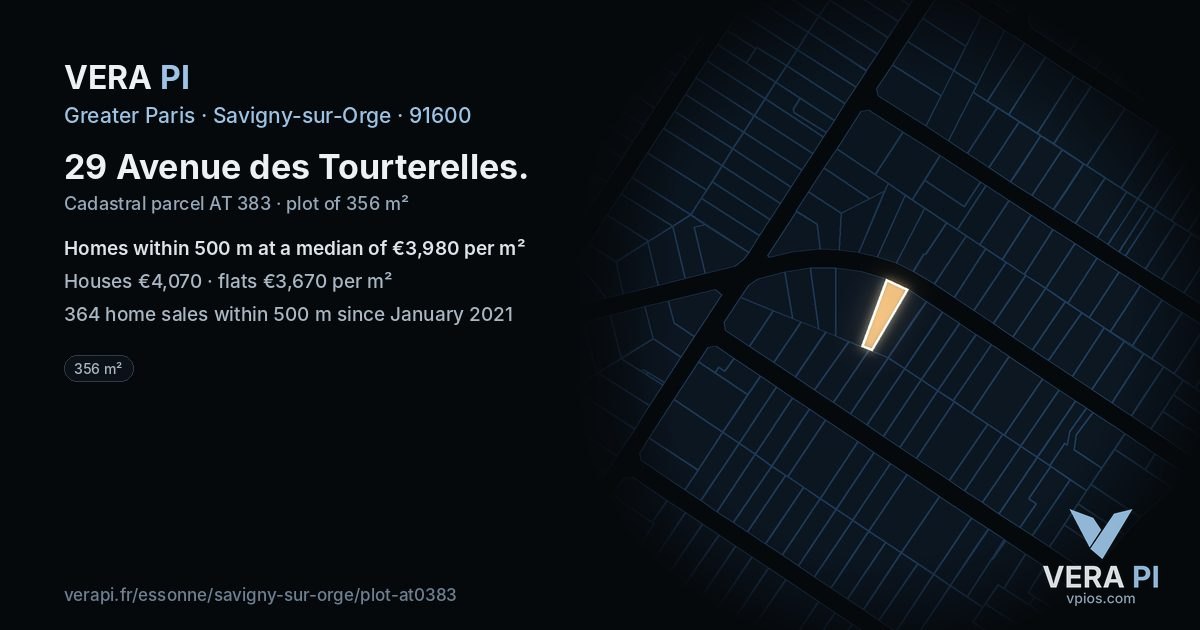 29 Avenue des Tourterelles, Savigny-sur-Orge at night – the plot lit, the parcels around coloured by the prices near them