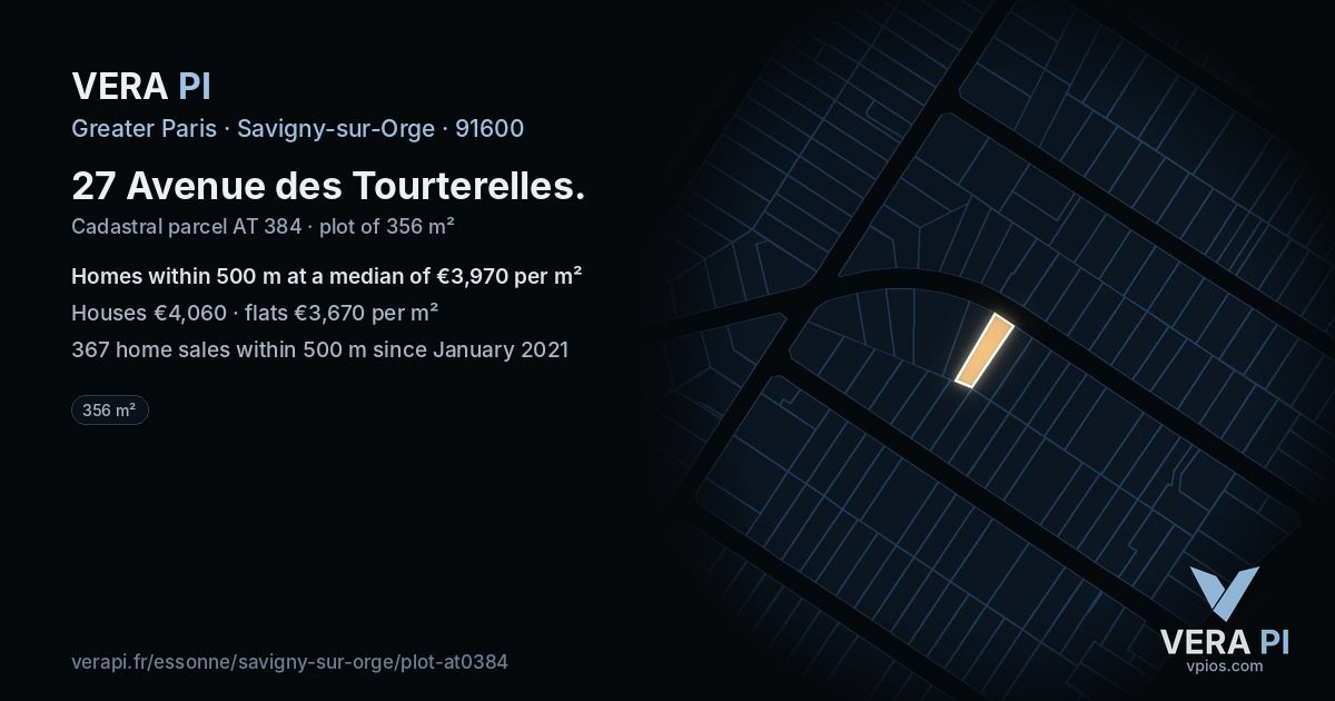 27 Avenue des Tourterelles, Savigny-sur-Orge at night – the plot lit, the parcels around coloured by the prices near them