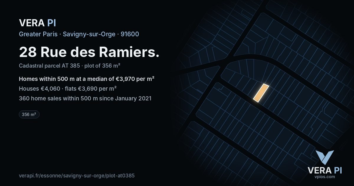 28 Rue des Ramiers, Savigny-sur-Orge at night – the plot lit, the parcels around coloured by the prices near them