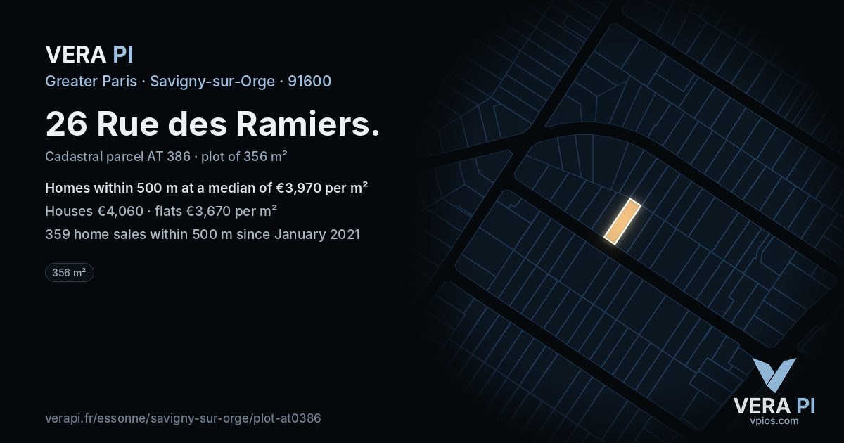 26 Rue des Ramiers, Savigny-sur-Orge at night – the plot lit, the parcels around coloured by the prices near them