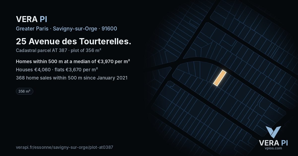 25 Avenue des Tourterelles, Savigny-sur-Orge at night – the plot lit, the parcels around coloured by the prices near them