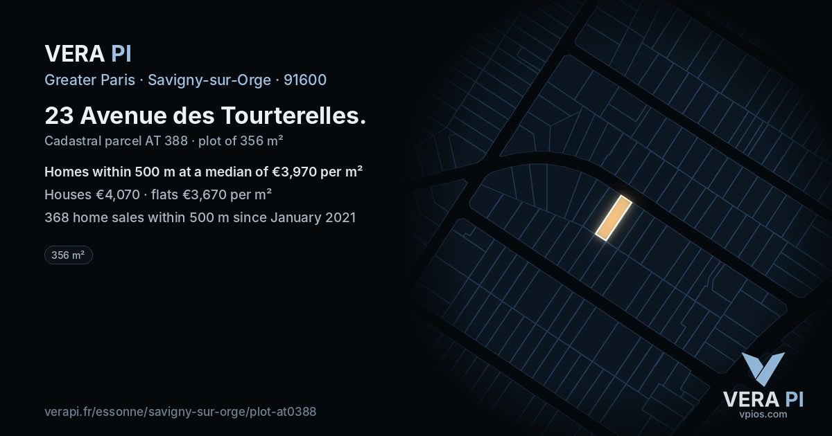 23 Avenue des Tourterelles, Savigny-sur-Orge at night – the plot lit, the parcels around coloured by the prices near them
