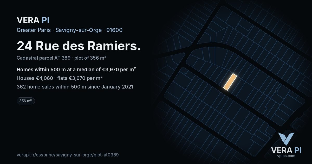24 Rue des Ramiers, Savigny-sur-Orge at night – the plot lit, the parcels around coloured by the prices near them