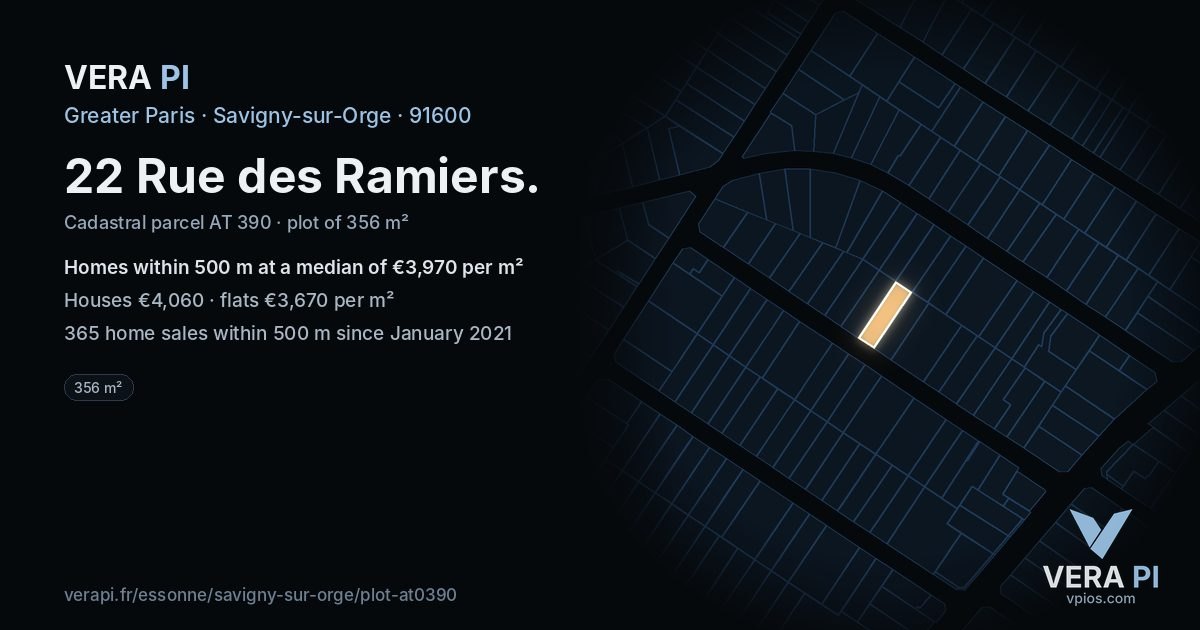 22 Rue des Ramiers, Savigny-sur-Orge at night – the plot lit, the parcels around coloured by the prices near them