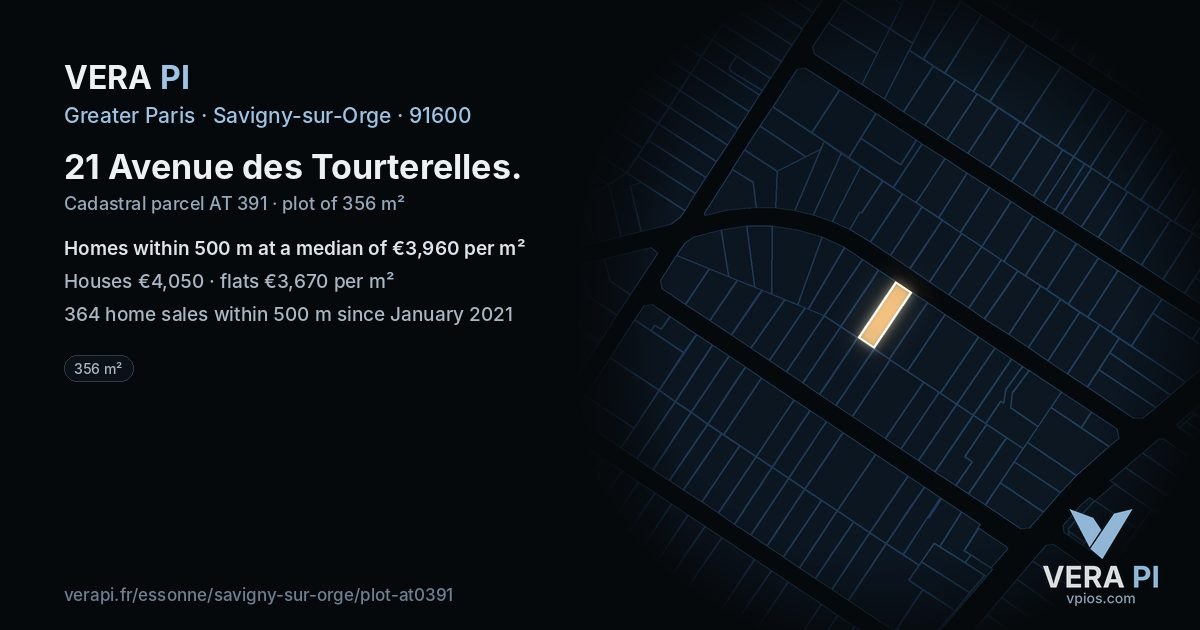 21 Avenue des Tourterelles, Savigny-sur-Orge at night – the plot lit, the parcels around coloured by the prices near them