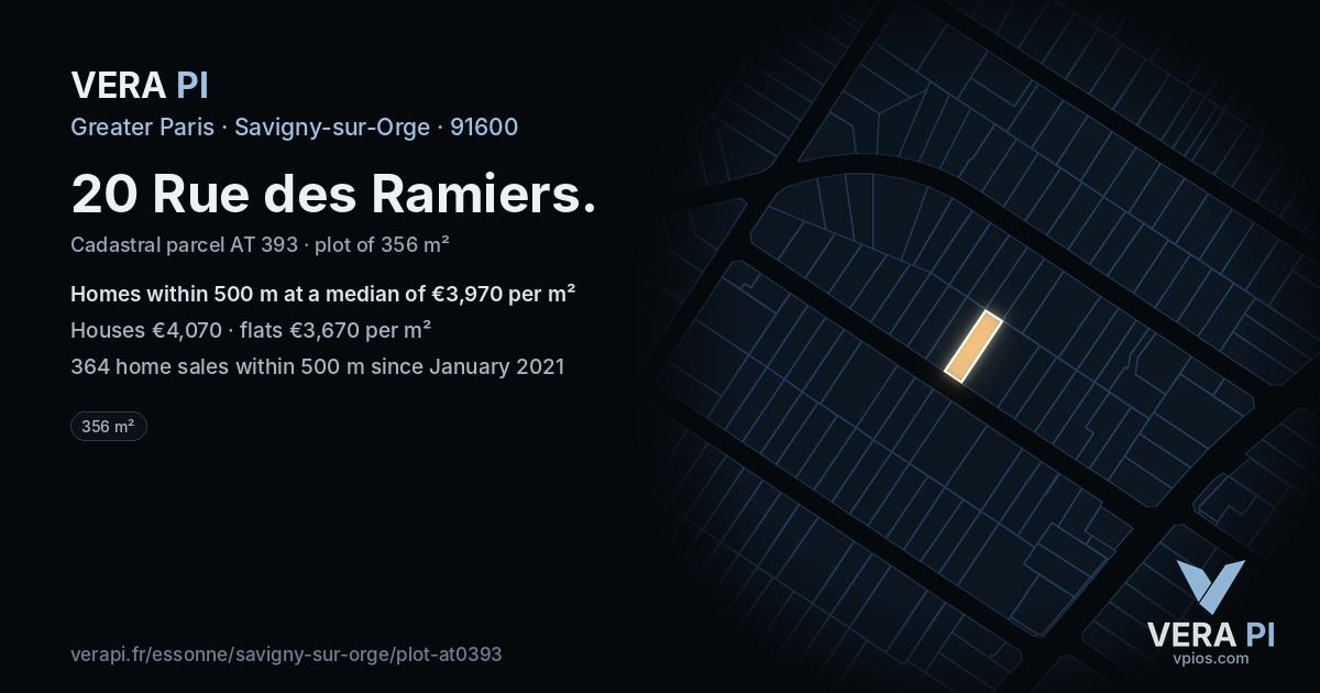 20 Rue des Ramiers, Savigny-sur-Orge at night – the plot lit, the parcels around coloured by the prices near them