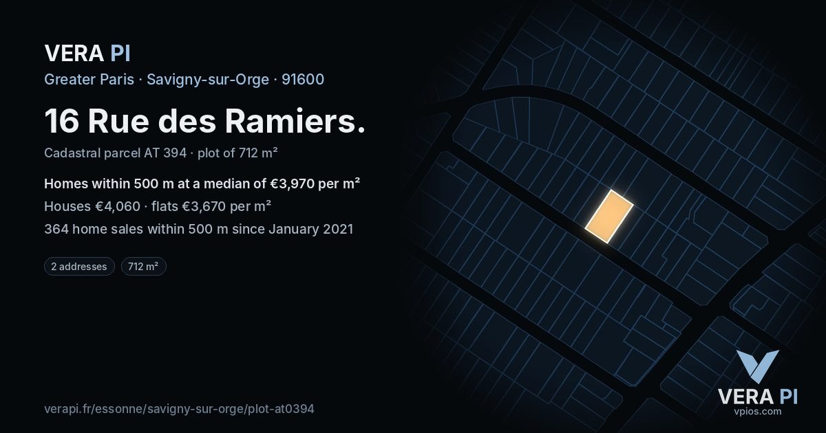16 Rue des Ramiers, Savigny-sur-Orge at night – the plot lit, the parcels around coloured by the prices near them