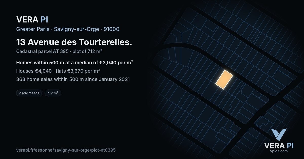 13 Avenue des Tourterelles, Savigny-sur-Orge at night – the plot lit, the parcels around coloured by the prices near them