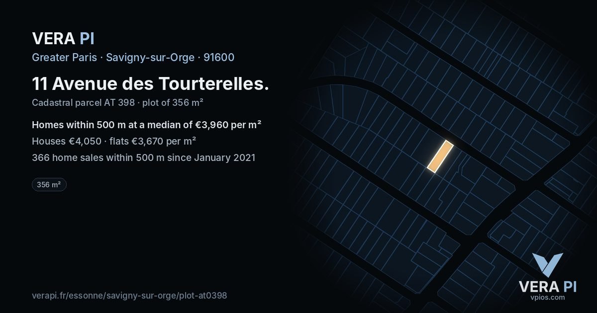 11 Avenue des Tourterelles, Savigny-sur-Orge at night – the plot lit, the parcels around coloured by the prices near them