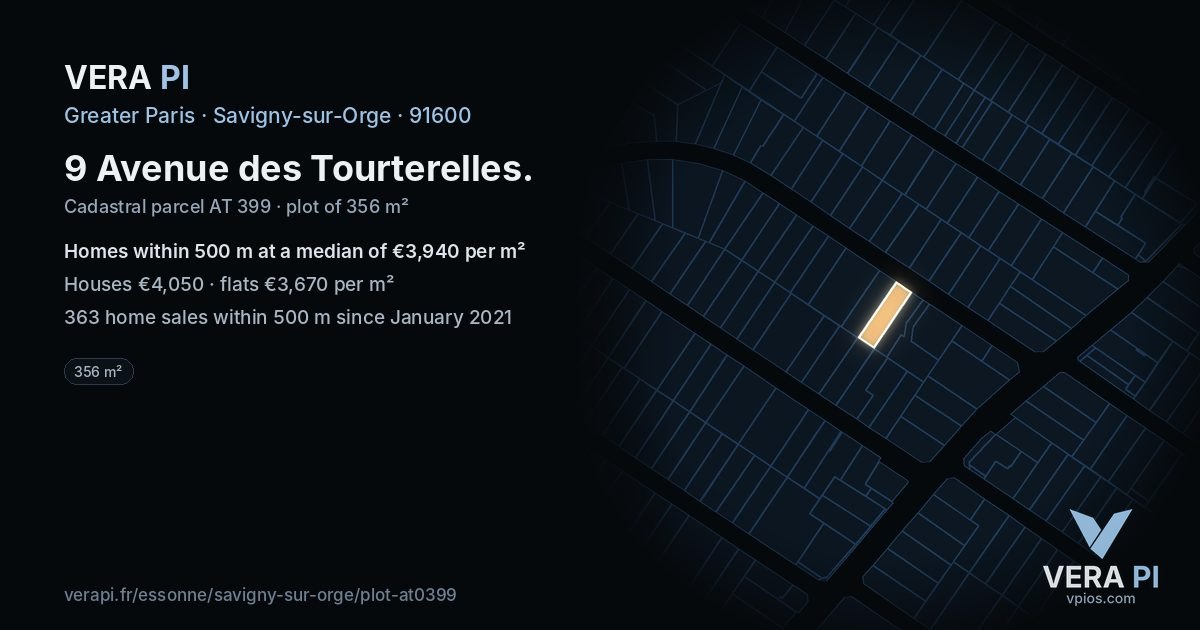 9 Avenue des Tourterelles, Savigny-sur-Orge at night – the plot lit, the parcels around coloured by the prices near them