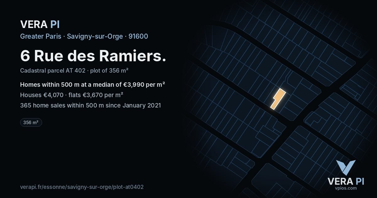 6 Rue des Ramiers, Savigny-sur-Orge at night – the plot lit, the parcels around coloured by the prices near them