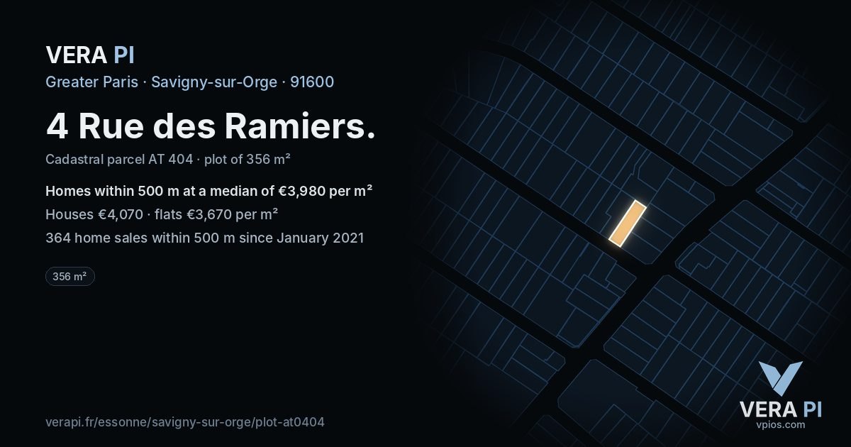 4 Rue des Ramiers, Savigny-sur-Orge at night – the plot lit, the parcels around coloured by the prices near them