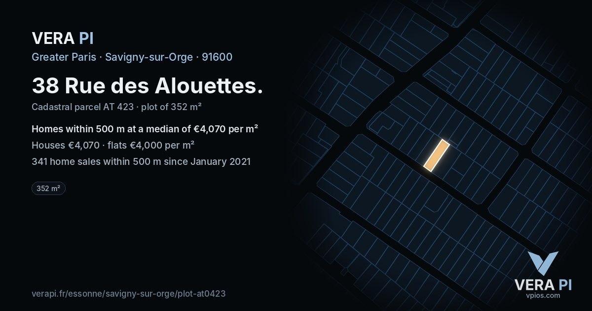 38 Rue des Alouettes, Savigny-sur-Orge at night – the plot lit, the parcels around coloured by the prices near them