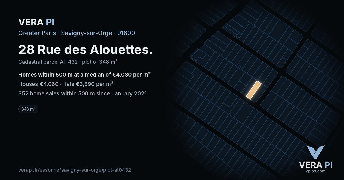 28 Rue des Alouettes, Savigny-sur-Orge at night – the plot lit, the parcels around coloured by the prices near them