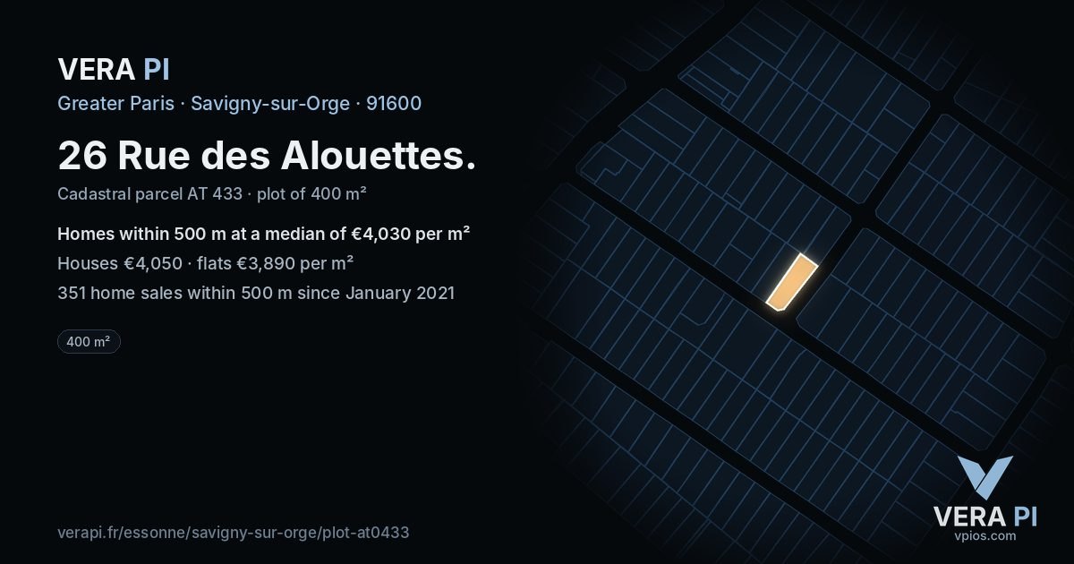 26 Rue des Alouettes, Savigny-sur-Orge at night – the plot lit, the parcels around coloured by the prices near them