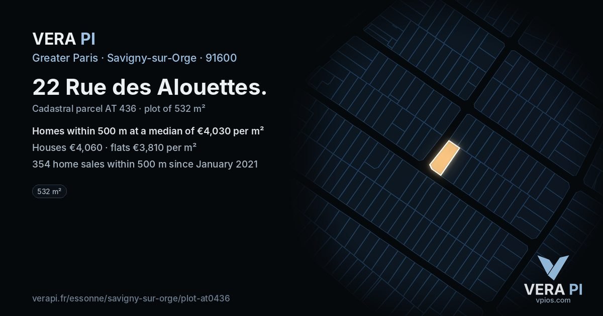 22 Rue des Alouettes, Savigny-sur-Orge at night – the plot lit, the parcels around coloured by the prices near them