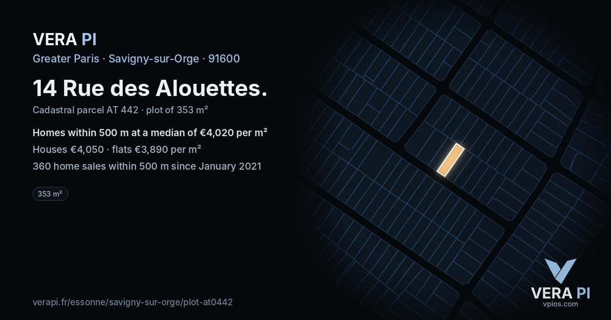 14 Rue des Alouettes, Savigny-sur-Orge at night – the plot lit, the parcels around coloured by the prices near them
