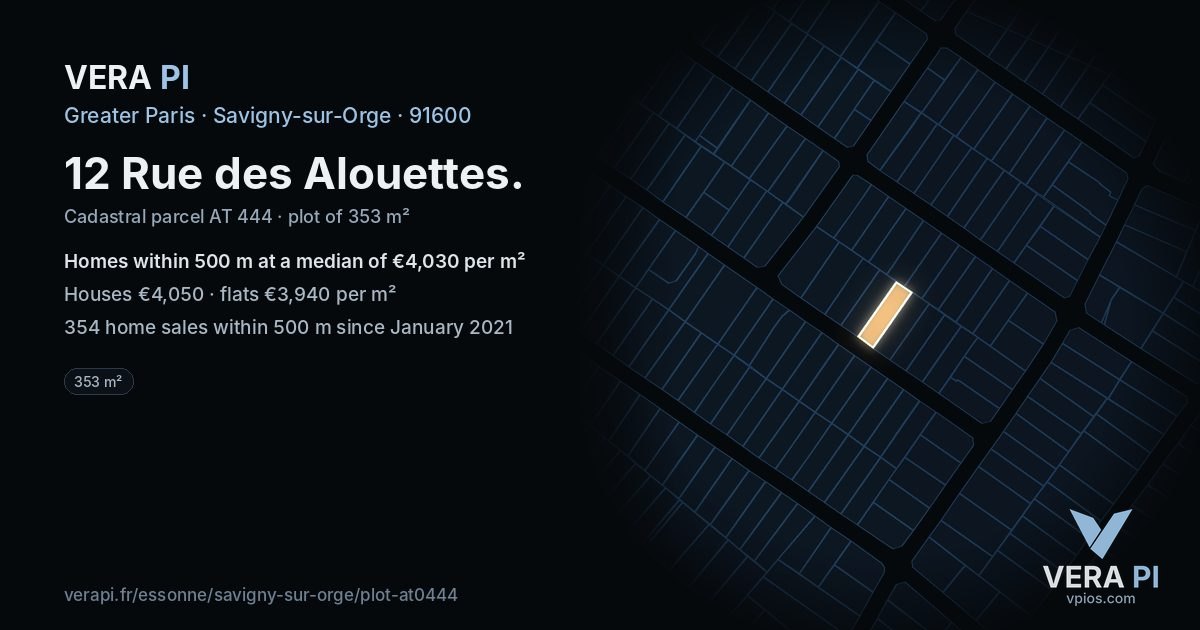 12 Rue des Alouettes, Savigny-sur-Orge at night – the plot lit, the parcels around coloured by the prices near them