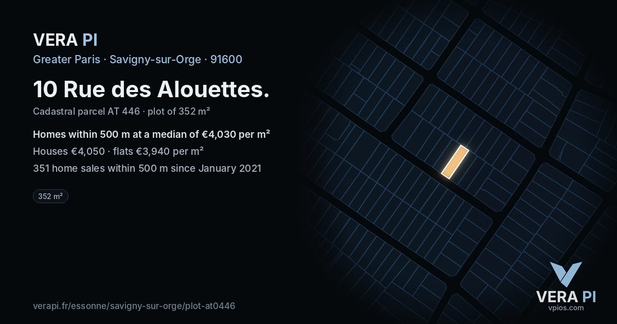 10 Rue des Alouettes, Savigny-sur-Orge at night – the plot lit, the parcels around coloured by the prices near them