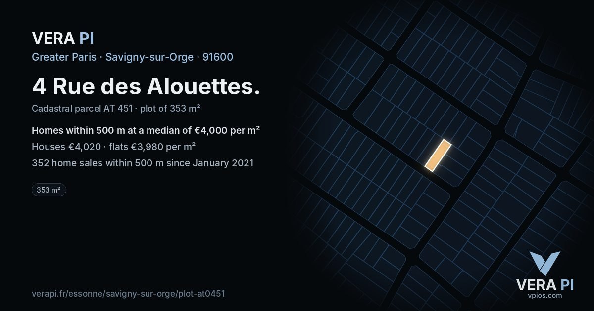 4 Rue des Alouettes, Savigny-sur-Orge at night – the plot lit, the parcels around coloured by the prices near them