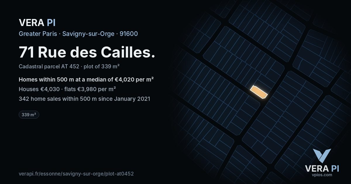 71 Rue des Cailles, Savigny-sur-Orge at night – the plot lit, the parcels around coloured by the prices near them