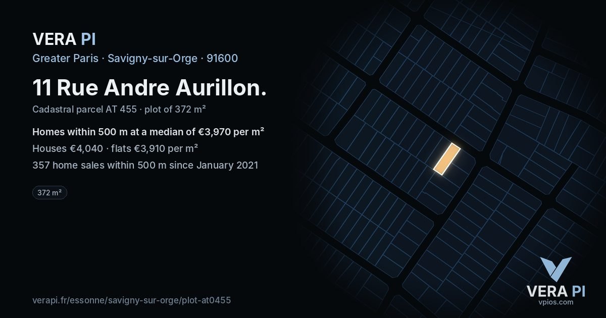 11 Rue Andre Aurillon, Savigny-sur-Orge at night – the plot lit, the parcels around coloured by the prices near them