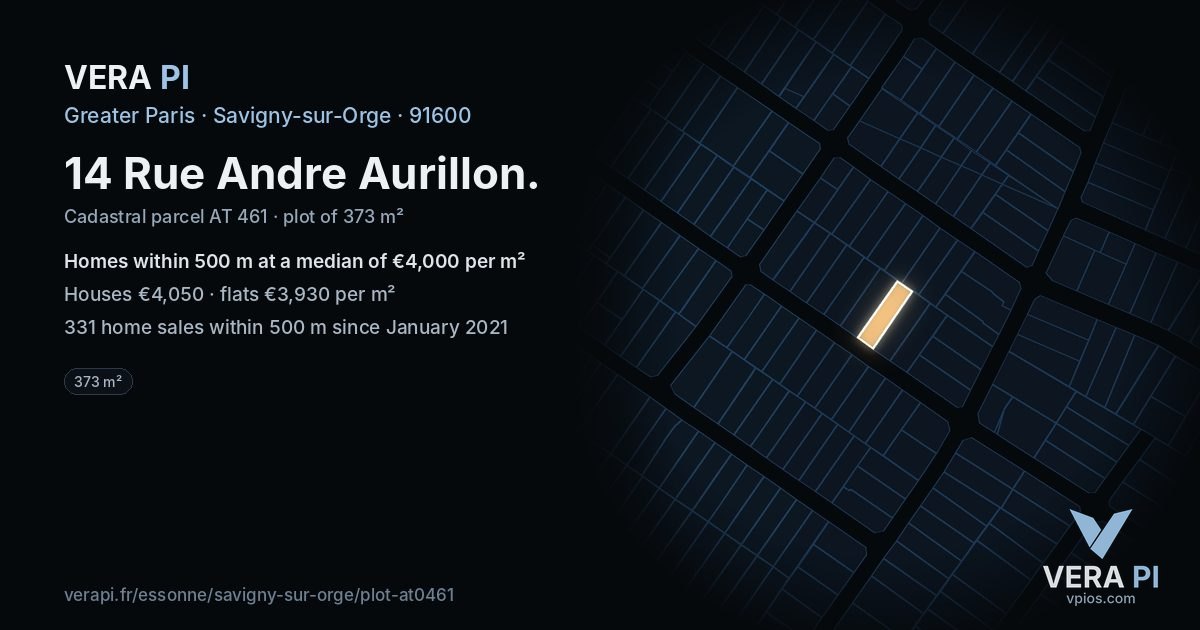 14 Rue Andre Aurillon, Savigny-sur-Orge at night – the plot lit, the parcels around coloured by the prices near them