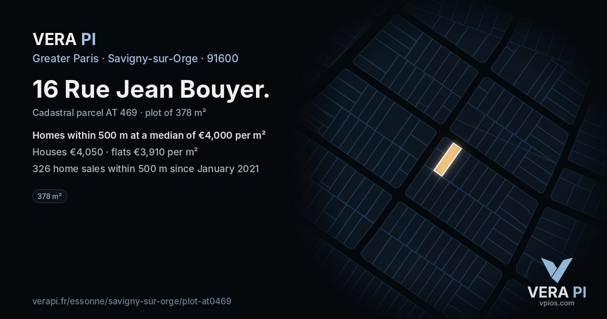 16 Rue Jean Bouyer, Savigny-sur-Orge at night – the plot lit, the parcels around coloured by the prices near them