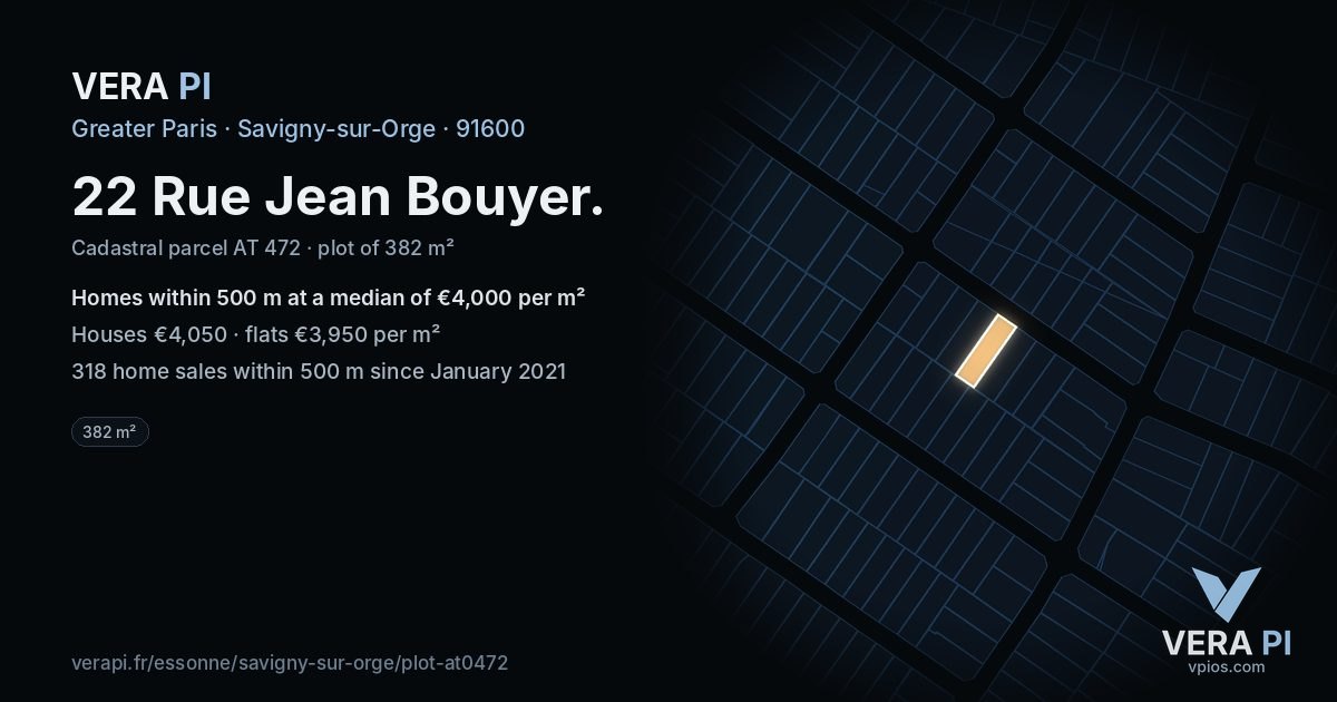 22 Rue Jean Bouyer, Savigny-sur-Orge at night – the plot lit, the parcels around coloured by the prices near them