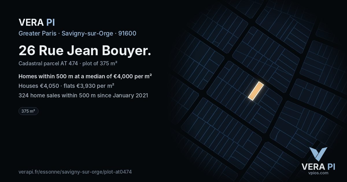26 Rue Jean Bouyer, Savigny-sur-Orge at night – the plot lit, the parcels around coloured by the prices near them