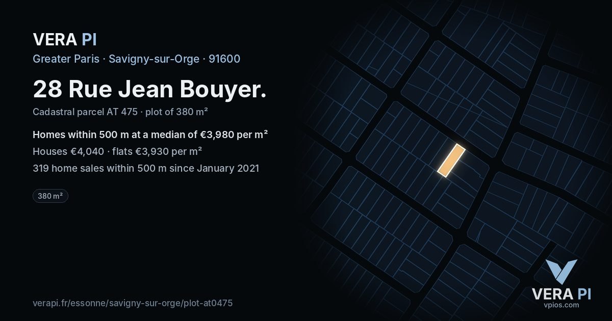 28 Rue Jean Bouyer, Savigny-sur-Orge at night – the plot lit, the parcels around coloured by the prices near them