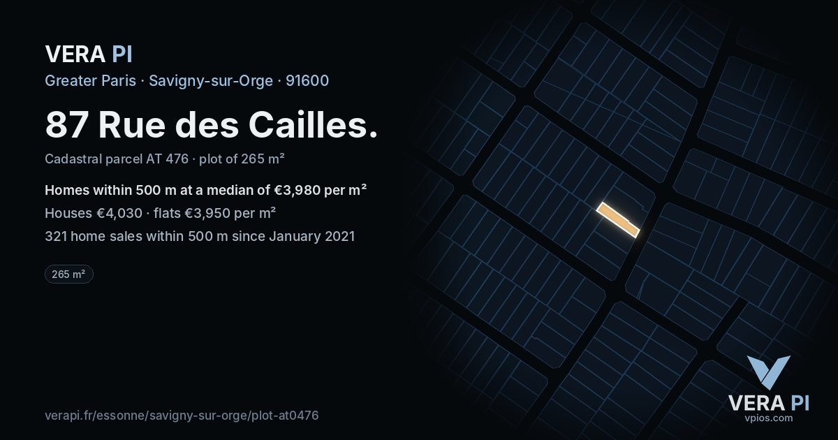 87 Rue des Cailles, Savigny-sur-Orge at night – the plot lit, the parcels around coloured by the prices near them