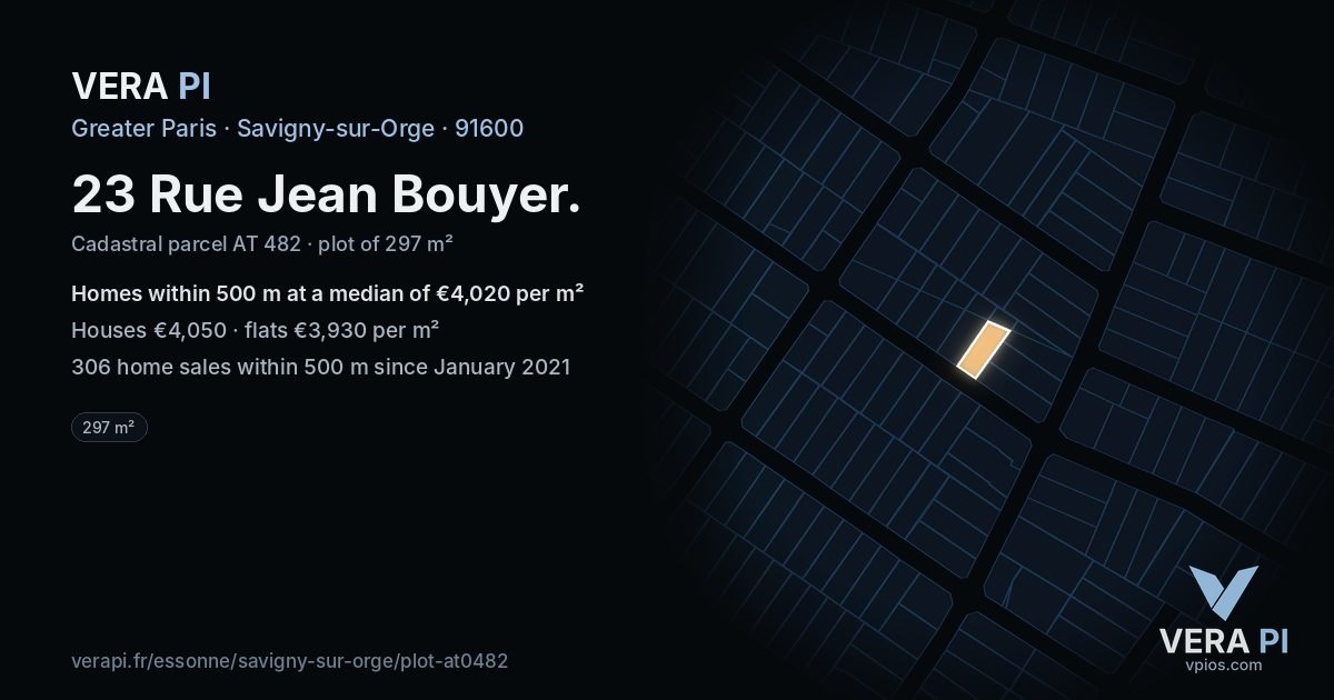 23 Rue Jean Bouyer, Savigny-sur-Orge at night – the plot lit, the parcels around coloured by the prices near them
