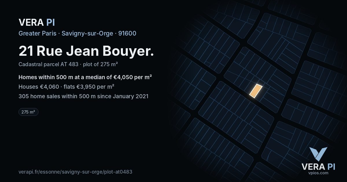 21 Rue Jean Bouyer, Savigny-sur-Orge at night – the plot lit, the parcels around coloured by the prices near them