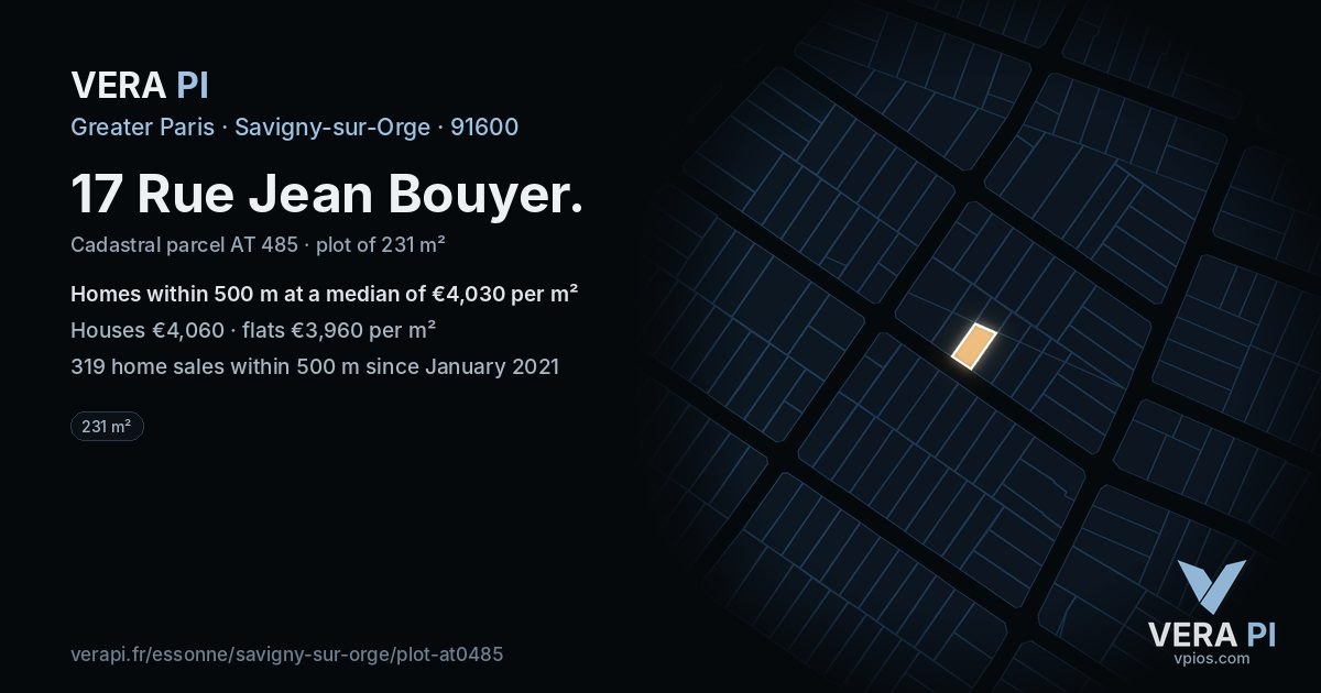 17 Rue Jean Bouyer, Savigny-sur-Orge at night – the plot lit, the parcels around coloured by the prices near them