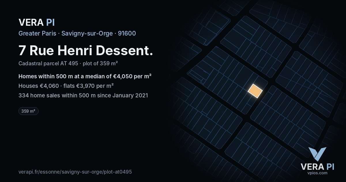 7 Rue Henri Dessent, Savigny-sur-Orge at night – the plot lit, the parcels around coloured by the prices near them