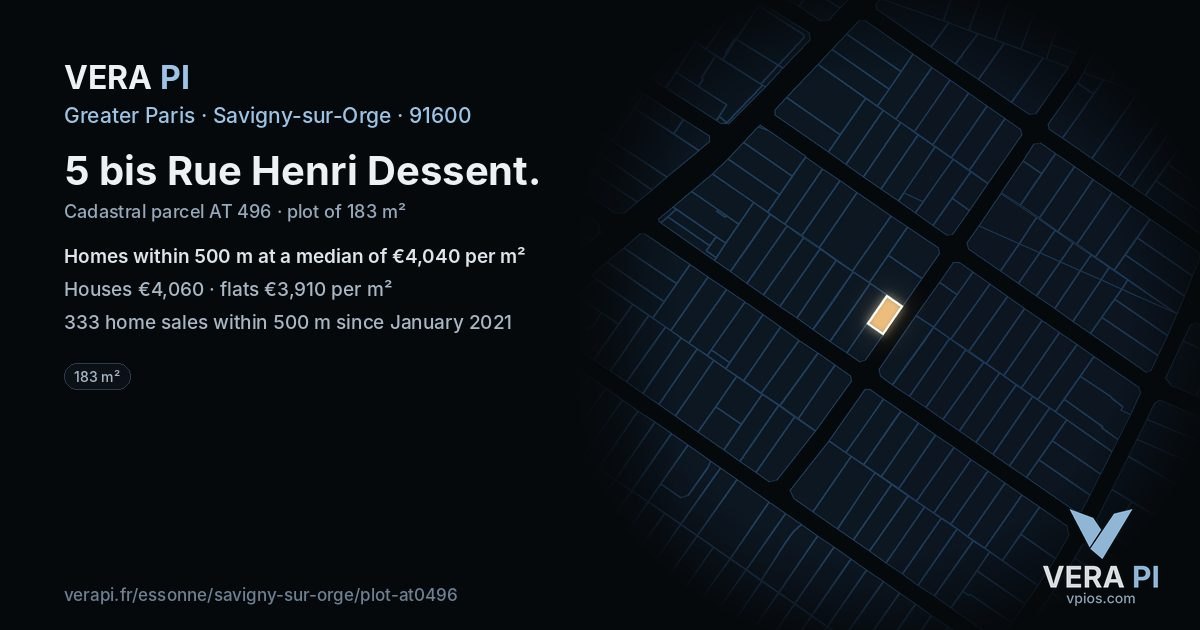 5 bis Rue Henri Dessent, Savigny-sur-Orge at night – the plot lit, the parcels around coloured by the prices near them