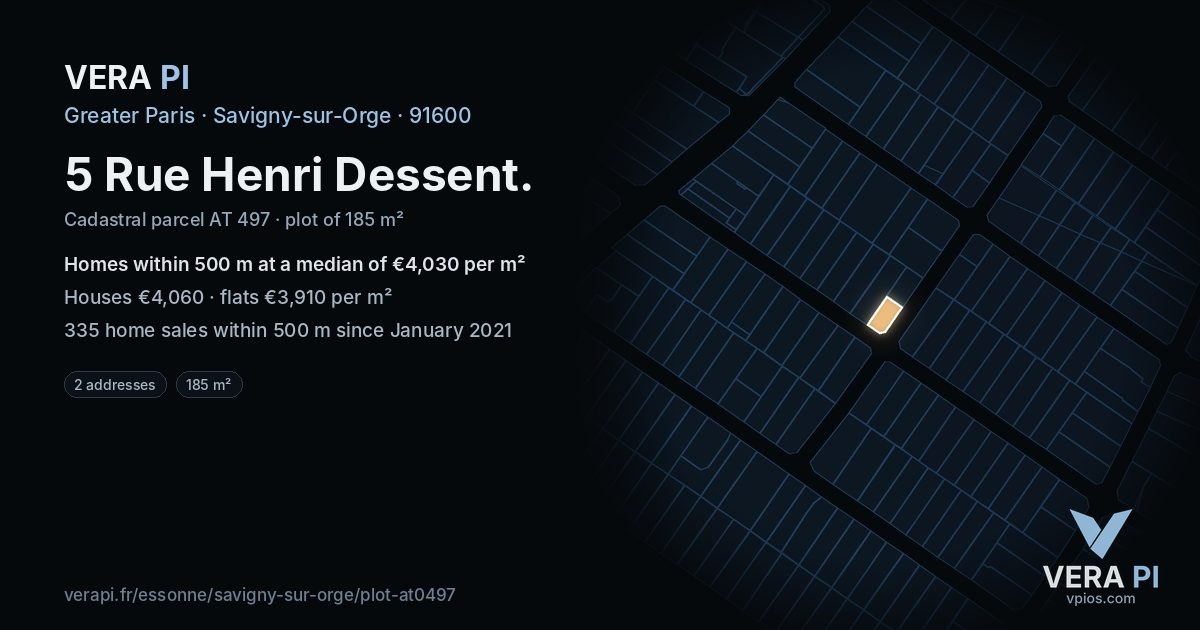 5 Rue Henri Dessent, Savigny-sur-Orge at night – the plot lit, the parcels around coloured by the prices near them