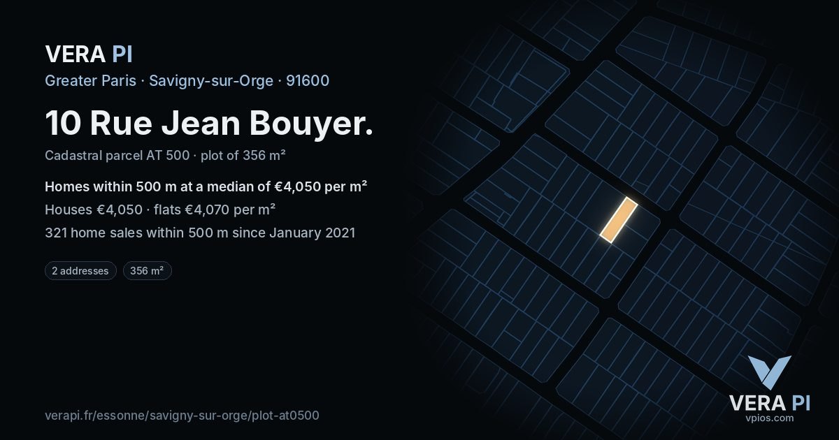 10 Rue Jean Bouyer, Savigny-sur-Orge at night – the plot lit, the parcels around coloured by the prices near them