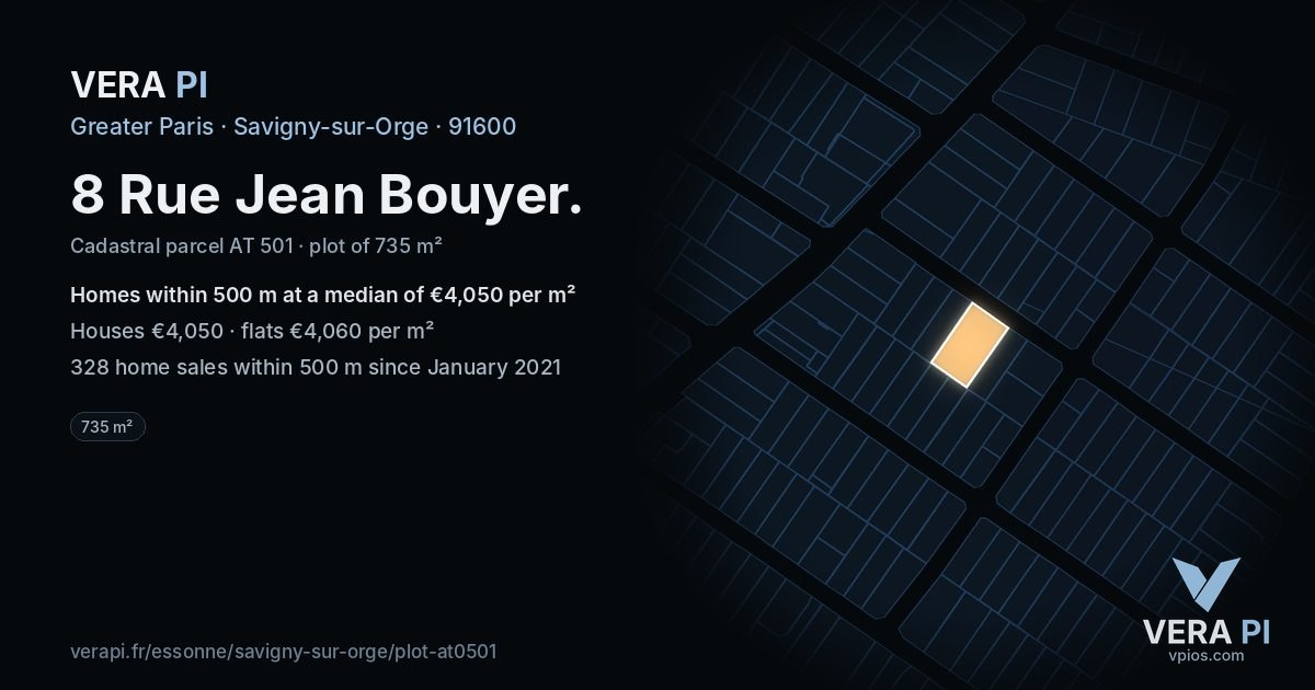 8 Rue Jean Bouyer, Savigny-sur-Orge at night – the plot lit, the parcels around coloured by the prices near them