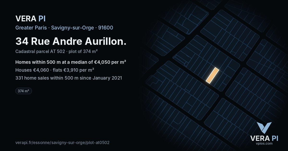 34 Rue Andre Aurillon, Savigny-sur-Orge at night – the plot lit, the parcels around coloured by the prices near them