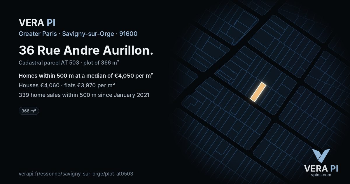 36 Rue Andre Aurillon, Savigny-sur-Orge at night – the plot lit, the parcels around coloured by the prices near them