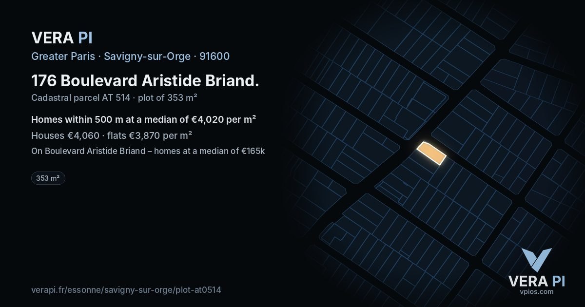 176 Boulevard Aristide Briand, Savigny-sur-Orge at night – the plot lit, the parcels around coloured by the prices near them