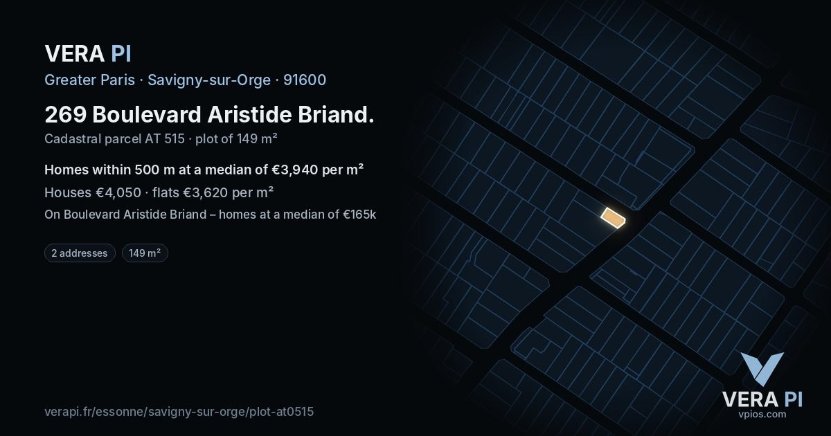 269 Boulevard Aristide Briand, Savigny-sur-Orge at night – the plot lit, the parcels around coloured by the prices near them