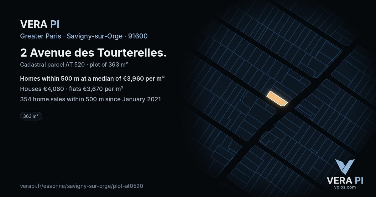 2 Avenue des Tourterelles, Savigny-sur-Orge at night – the plot lit, the parcels around coloured by the prices near them